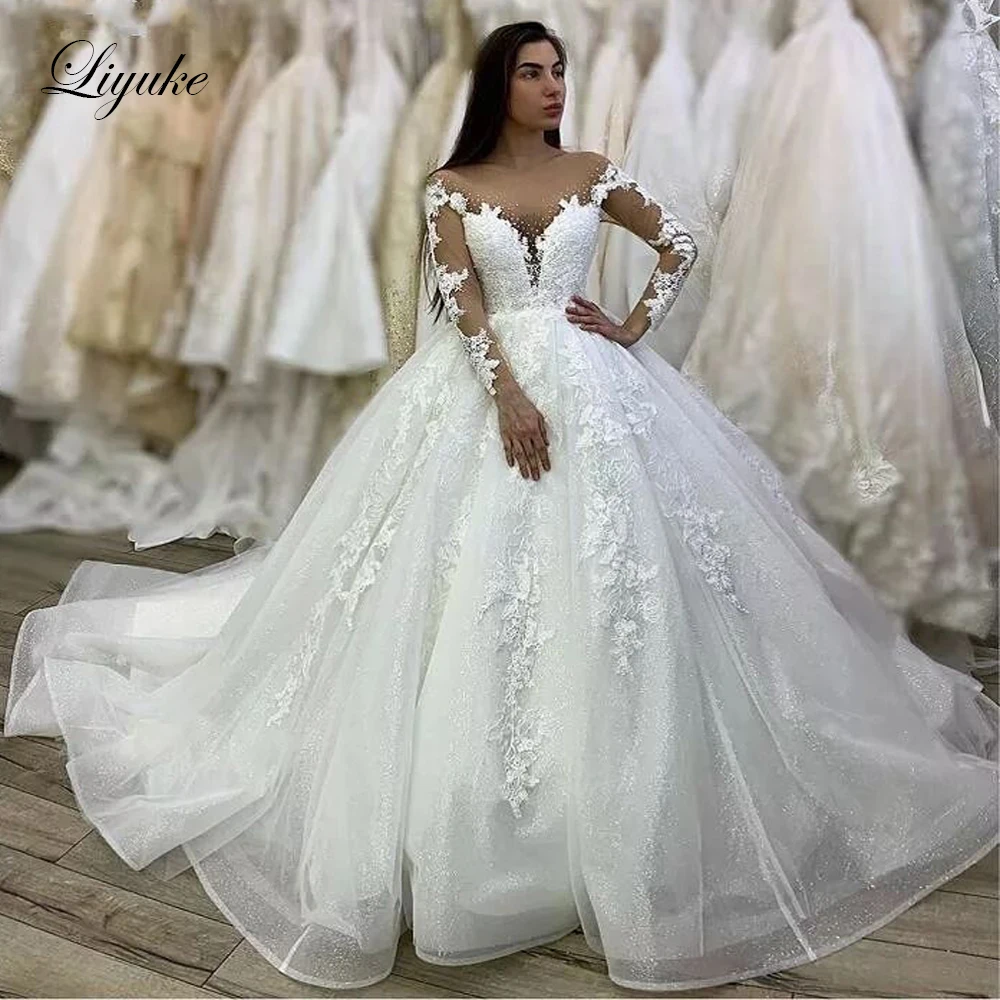 

Liyuke Scoop Neckline Beads Ball Gown Wedding Dress Of Full Nude Skin Sleeve With Court Train vestido de noiva