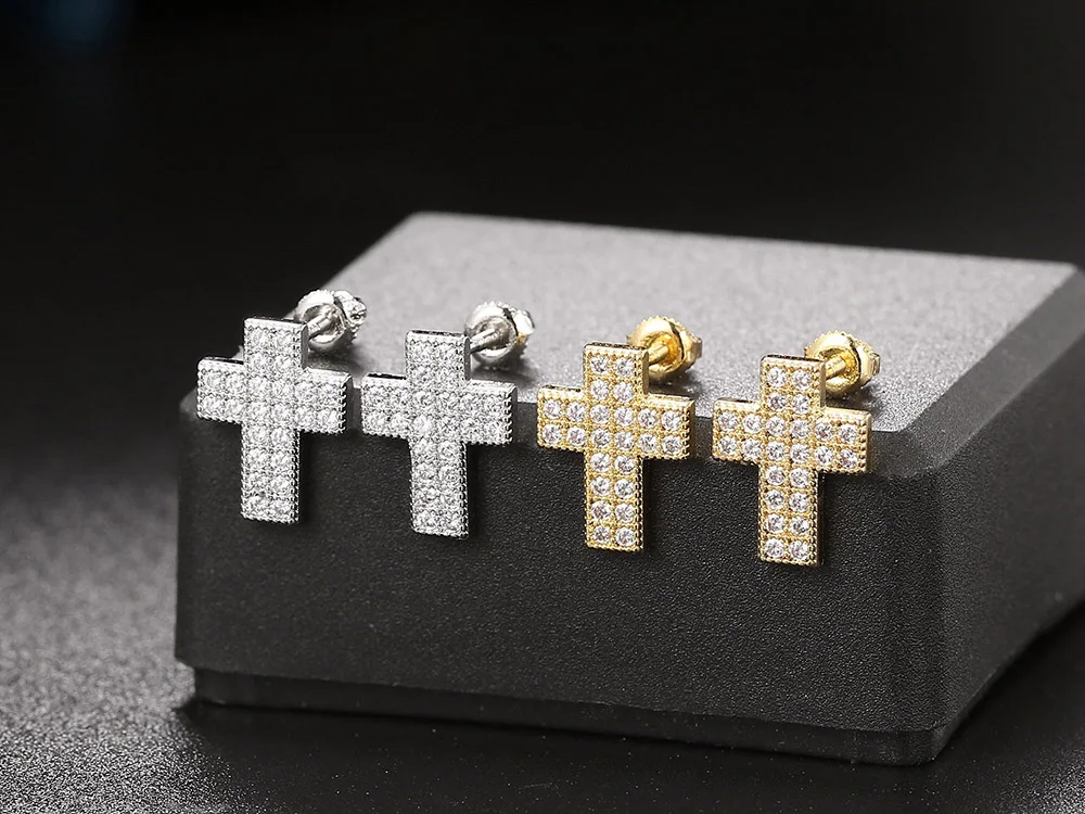 Hip-Hop Kristall-Kreuz-Ohrstecker für Männer und Frauen, Iced-Out Gewindeohrring, Luxus-Modeschmuck, Punk-Rock-Accessoires OHE103 – Detail 7