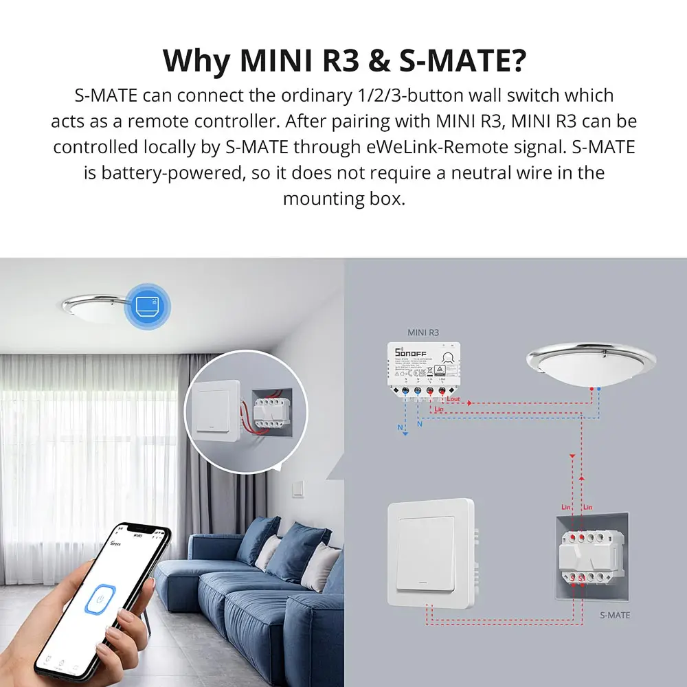 Смарт-переключатель SONOFF S-MATE 16A Mate REST API без нейтральной линии с MINIR4 eWeLink-пульт дистанционного управления через eWeLink Alexa Alice