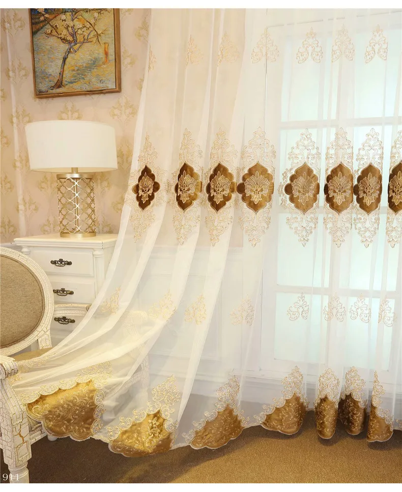 

Luxury Embroidered Sheer Voile Curtains Window Drapes Cortina for Living Room bedroom Door Gold Lace Curtains Tulle Windows