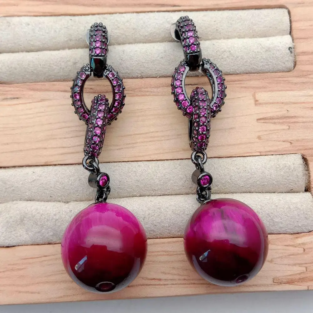 YYGEM Fuchsia Cubic Zirconia pave Round Red Tiger's Eye Fuchsia  Ring gunmetal color Stud Earrings cute Jewerly For Women
