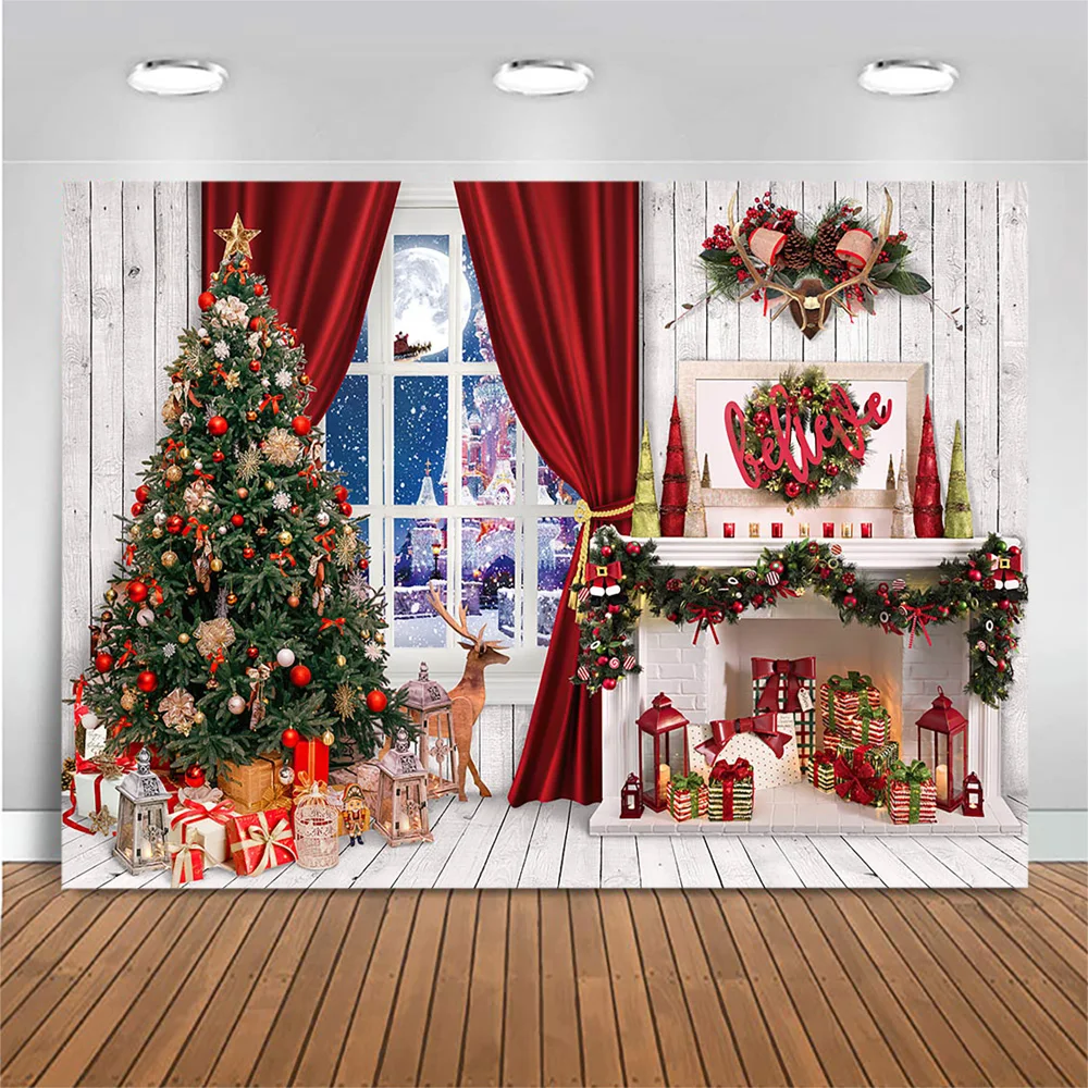 Mocsicka-クリスマスツリーの写真の背景,白いレンガの壁,暖炉,クリスマスリース,家族の肖像画,写真の背景