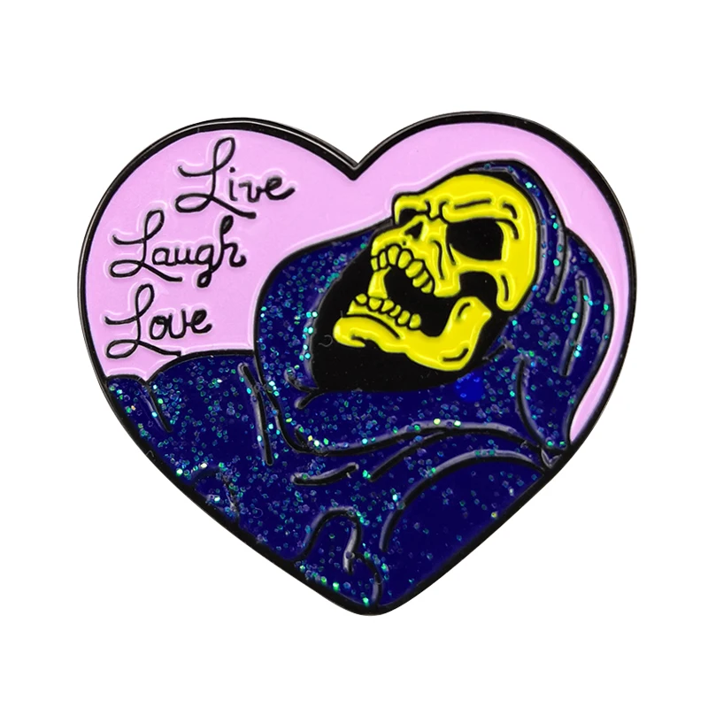 Skeletor Heart Shaped Brooch Live Love Laugh Glitter Pin Master of the Universe He-man Fans Gift Halloween Jewelry