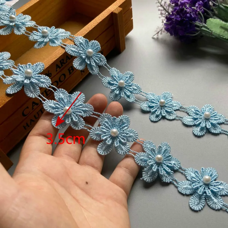 20x Fiocco di neve blu Perla Fiore Lace Trim Tessuto Nastro Applique Mestiere Fascia per capelli fai da te Matrimonio Ricamato Rifiniture Abito da