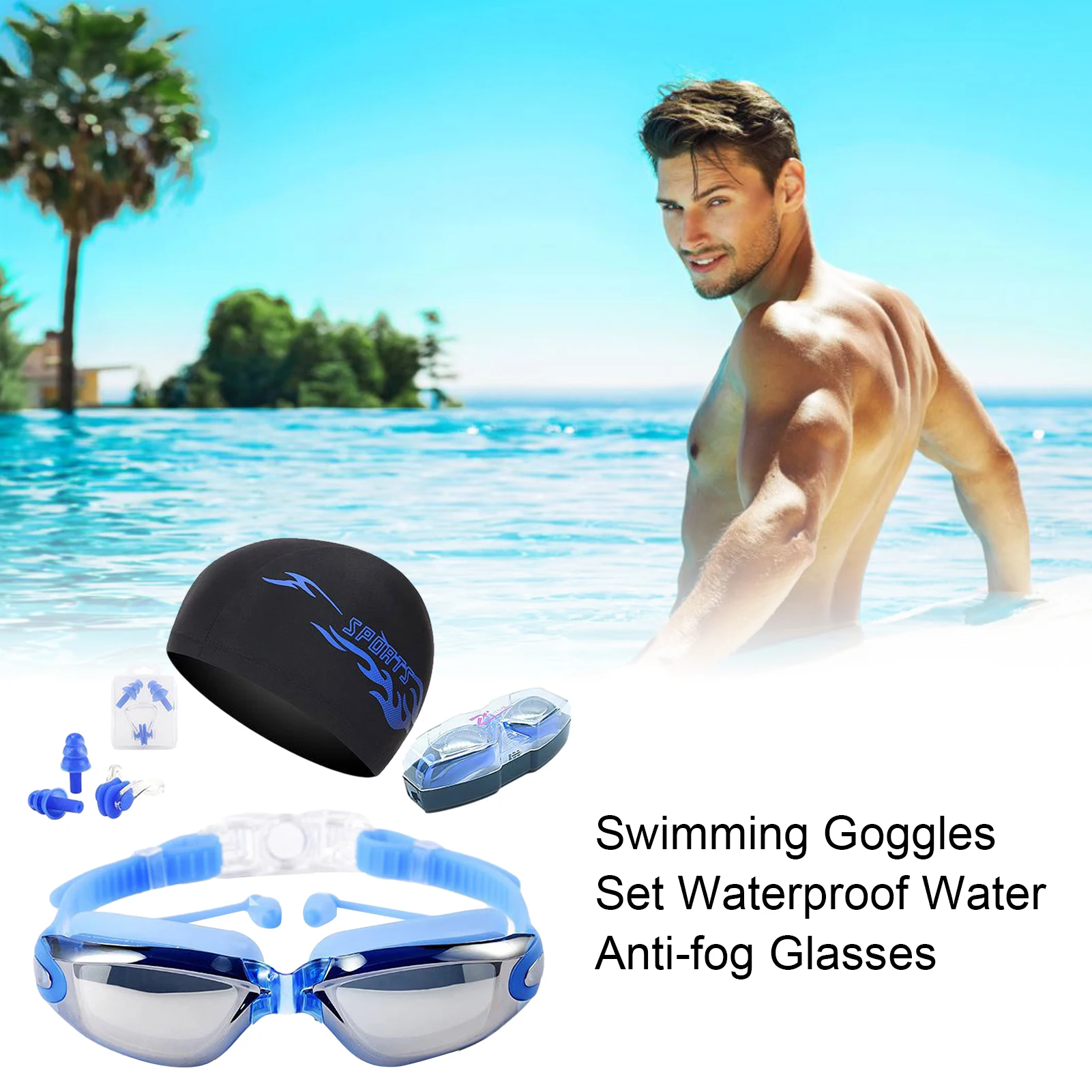 Swimming Goggles Equipment Set Waterproof Anti-fog Anti-UV Glasses Double-layer Sealing 3D Goggle Earplug Nose Clip Swimming Cap