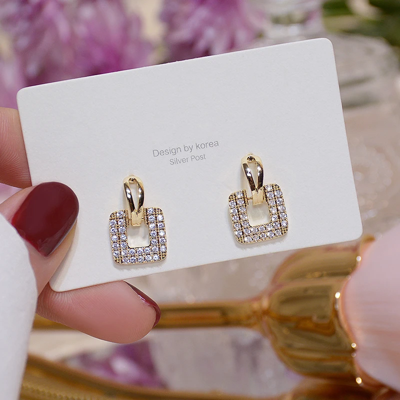 

14k Real Gold Square Pave Inlaid Top Zircon Earring for Women Charm Elegant Temperament Drop Eearrings Jewelry Brincos Pendant