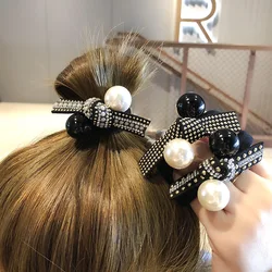 Retro light luxury black and white pearl head rope hair tie knotted Korea Dongdaemun rubber band ball hair rope hairaccessories