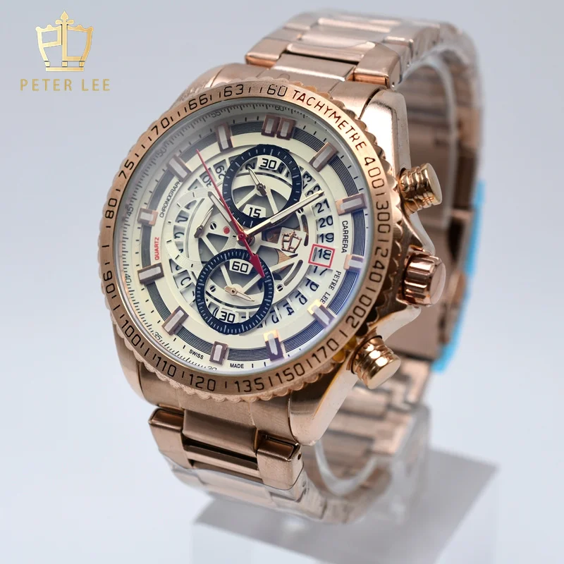 

New Peter Lee Brand Men's Luxury Stainless Steel Quartz Wristwatches Auto Date Chronograph Designer Watches Father's Day Gifts