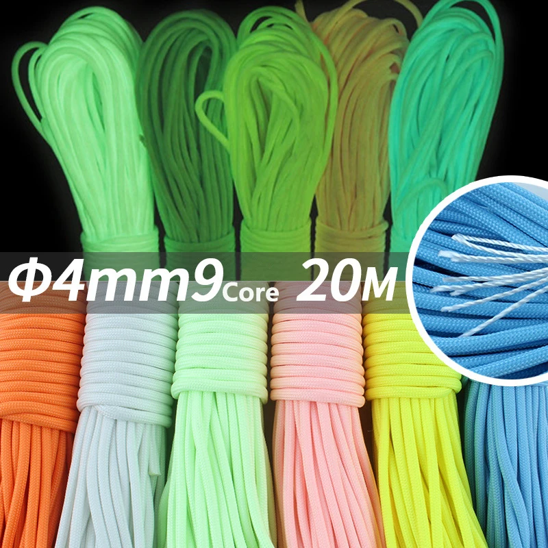 20M Luminous Paracord 550 Parachute Cord Survival Lanyard 9 Core Rope Glow In The Dark Outdoor Tent Bondage Hike Climb Camp Tow