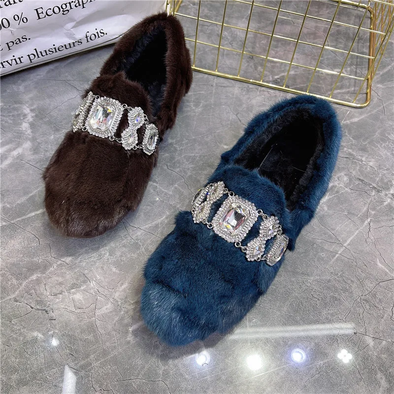 Crystal Women Winter Warm Fur Loafers Casual Thick Sole Moccasins Walking Snow Shoes Woman Mink Fur Espadrilles Flats Creepers