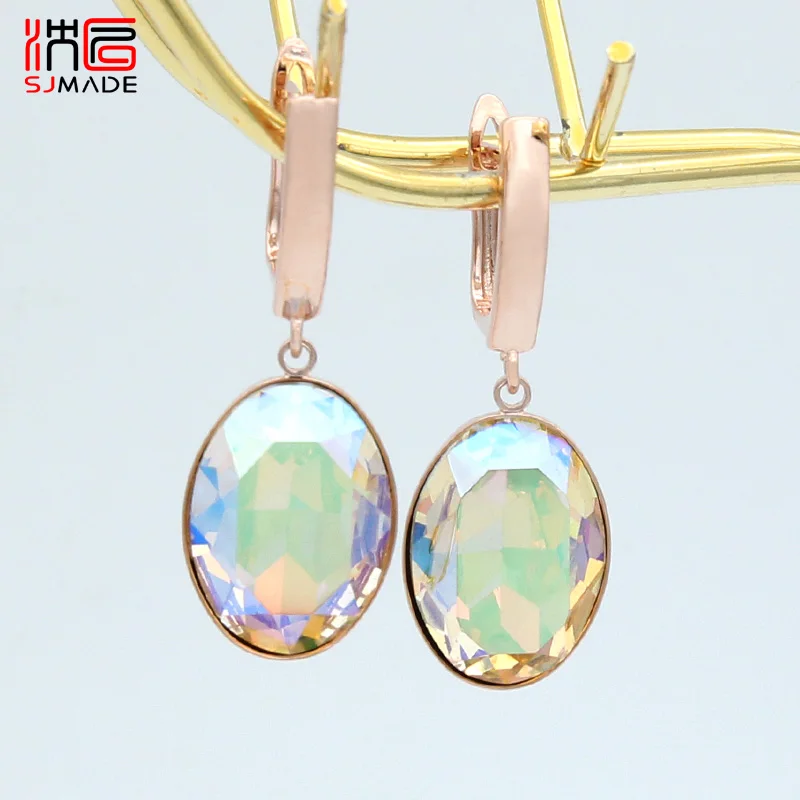 SHENJIANG New Fashion Simple Exaggerate Oval Large Crystal Dangle Earrings For Women Wedding Jewelry 585 Rose Gold Color Eardrop