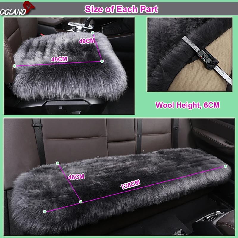 OGLAND Long Wool Car Seat Cover Set Universal for Fur Auto Mobile Cushion vehicle accesorios Para Auto Australian Sheepskin 3pcs