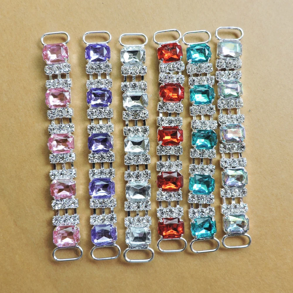 LKERAN 2Pc 10X80mm 5 Rectangles Acrylic Rhinestone Bikini Connectors/ Buckles Crystal Metal Chain Buckle for Swimwear Decoration