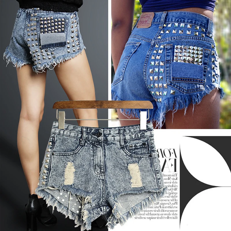 

Сексуальные джинсовые шорты, женские рваные джинсы с заклепками, короткие брюки с рваными кисточками и высокой талией, уличная одежда в стиле панк XXXL, уличная одежда 3xl