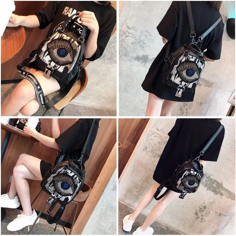 New Fashion Rhinestone Women Handbag High Quality Leather Messenger Shoulder Bag Female Soft Multi-pocket Small Backpack Mochila