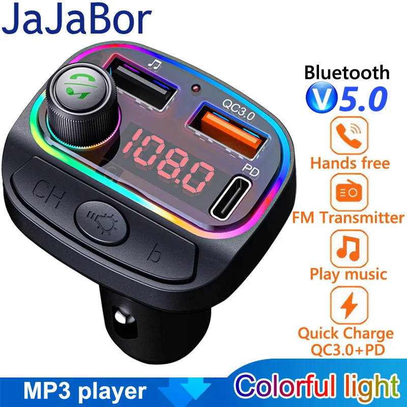 

JaJaBor FM Transmitter Car MP3 Player QC3.0 Type C PD18W Fast Charging Car Charger Handsfree Bluetooth-compatible 5.0 Car Kit