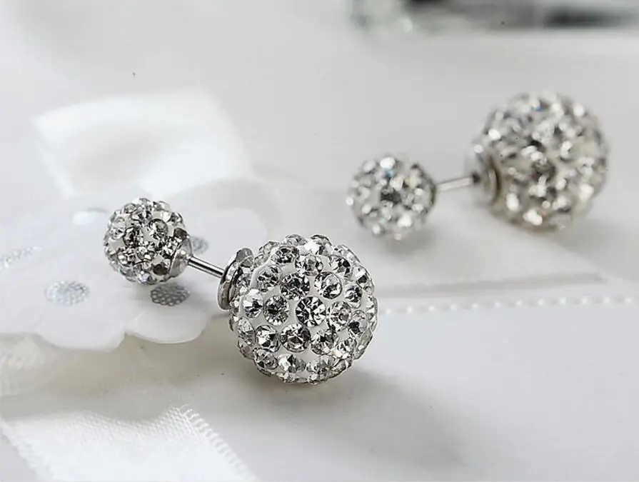 Noble Exquisite 925 Sterling Silver Personality Jewelry New Beautiful Crystal Two Balls Bright Female Earrings SE43