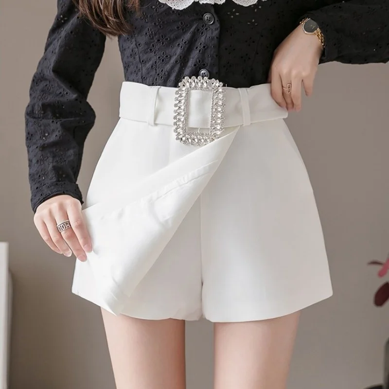 High Asymmetrical Waist Shorts Skirts Women Fashion Diamonds Sashes Slim Fit Wide Leg Shorts Office Ladies Black White OL Shorts