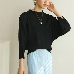 2022 women's basic pleated bottoming shirt Miyak fold Fashion loose high elastic bat sleeve slim long sleeve t-shirt