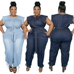 Plus Size Women Casual Denim Jumpsuits New Arrivals Single-breasted High Waist Sashes Lady's Sleeveless Lace-up Autumn Rompers