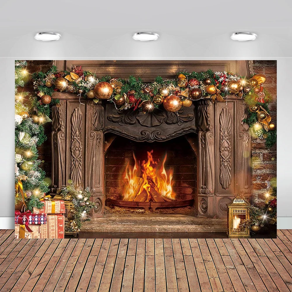 Fondo de chimenea Vintage de Navidad, telón de fondo con purpurina, árbol de Navidad, regalo, Candyland, fotografía, fiesta de invierno, fotomatón