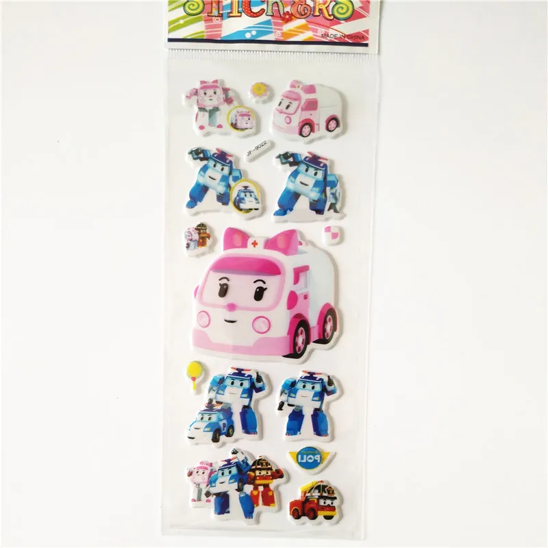 6 Sheets Korean Anime Cute Robot Poli Car Stickers for Transformation Toys Kids Toy Christmas Gifs Police Bubble Sticker