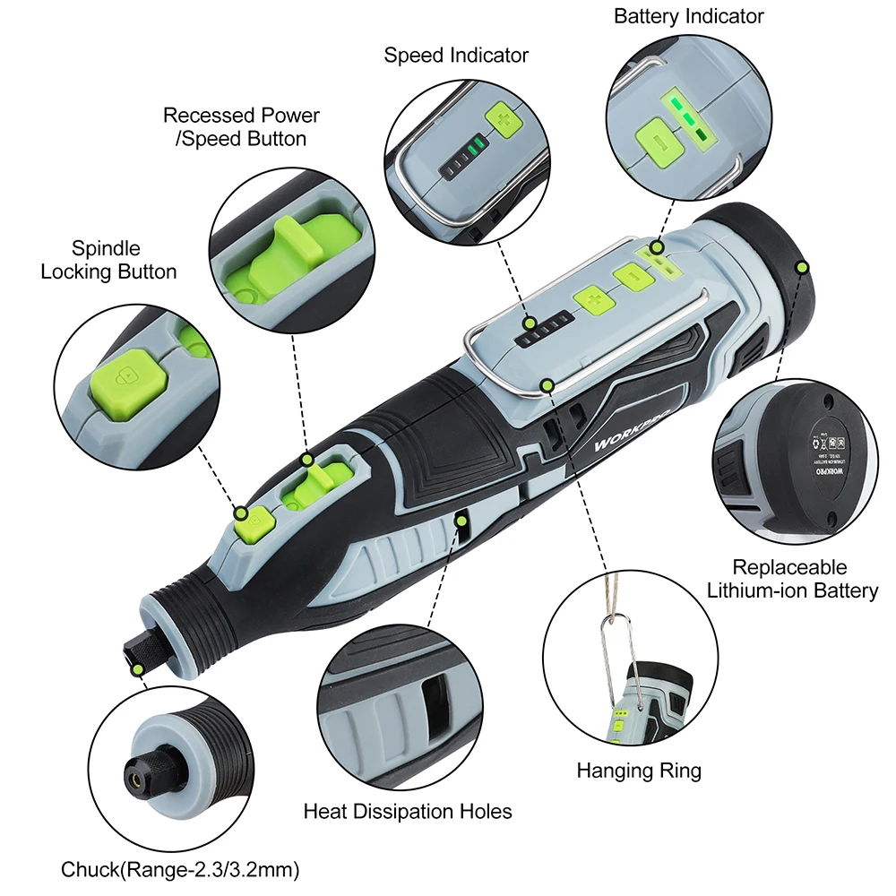 WORKPRO 12V Cordless Rotary Tool Kits With 114PC Rotary Accessories Kit 5-Speed Adjustable Multi-use Tool Carving Engraving