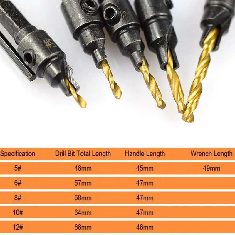 5pcs trapano svasatore Set di punte per trapano per legno fori pilota per viti dimensioni #5 #6 #8 #10 #12 utensili a vite con codolo esagonale