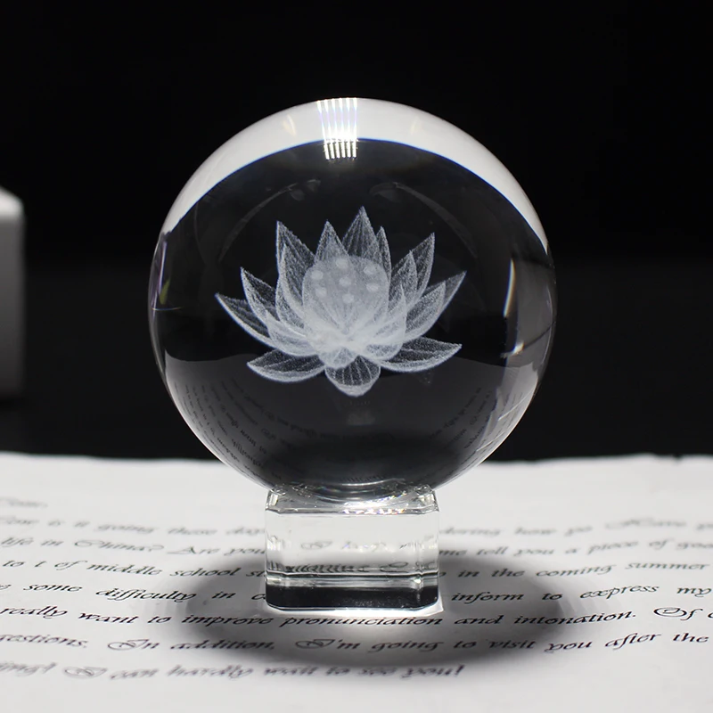 

60mm 3D Crystal Laser Engraved Lotus Flower Ball Crystal Healing Ball Miniatures for Meditation