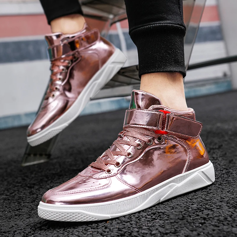 Fashion Golden Men\'s Mirror Shoes Couple Glitter Leather Men High Sneakers Large Size 48 Casual Sneakers Men Flats basket homme