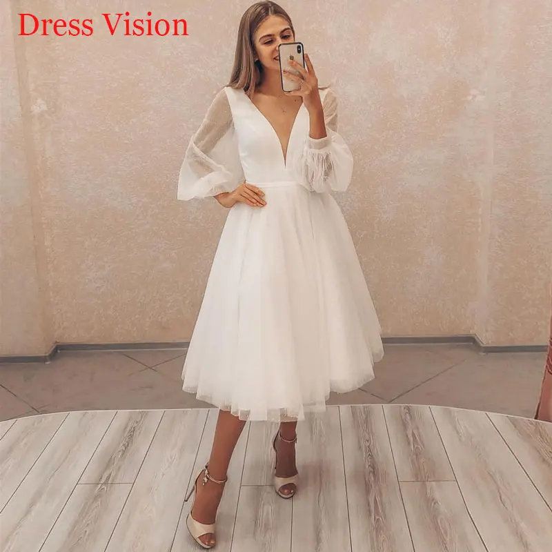 Vestido de casamento curto com decote em V profundo, Puffy Sleeve, Casamento Robe, Noiva para ser amado