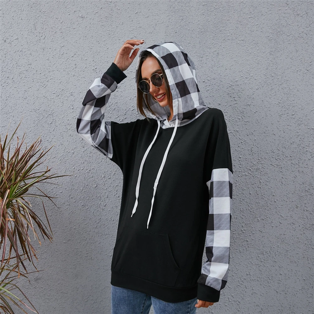 Spring Autumn Hoodie Sweatshirt Women Oversize Tops Female Casual Plaid Hooded Loose Drawstring Long Sleeve Hip Hop Pullovers