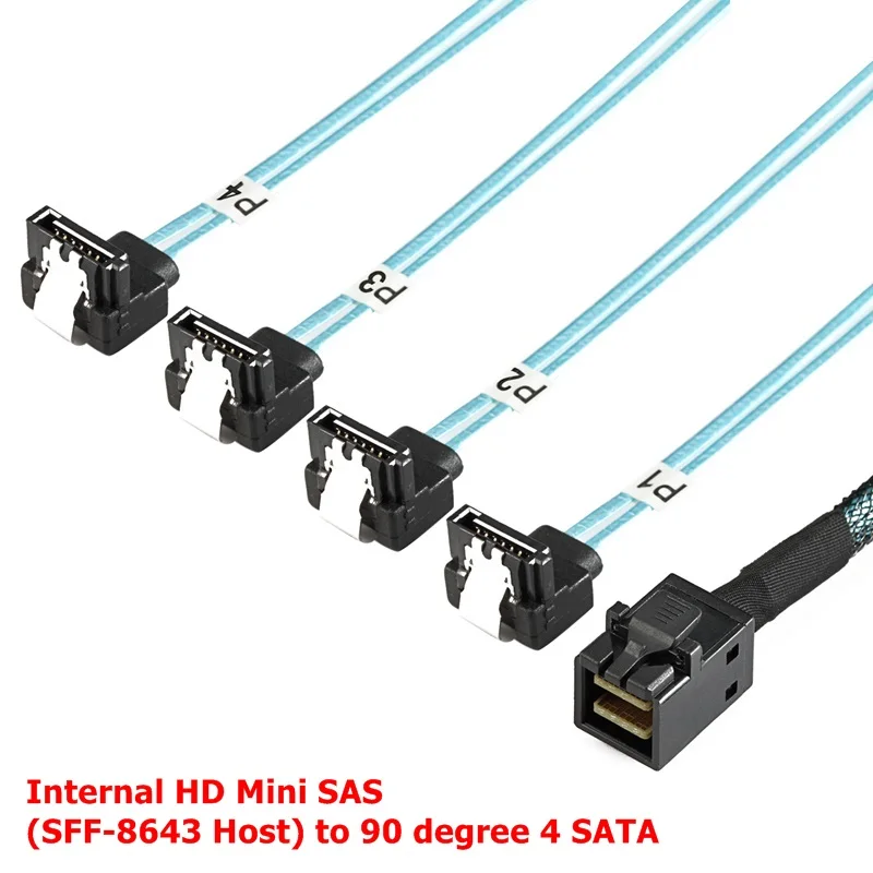 Internal HD Mini SAS (SFF-8643 Host) to 90 degree 4 SATA (Target) Hard Drive Cable 50CM-100CM