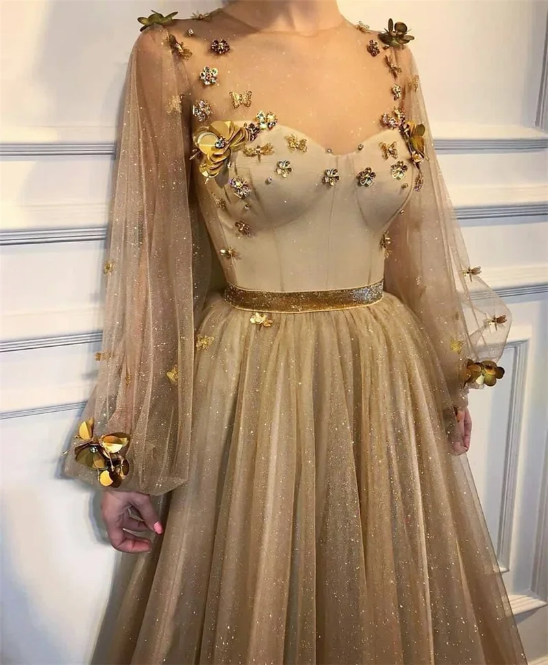 Jóias de ouro vestido de Baile Vestido 2020 Lantejoula Tulle Mangas Compridas Pescoço Flores A Linha de Trem Da Varredura Vestidos de Noite платья знаменитостей