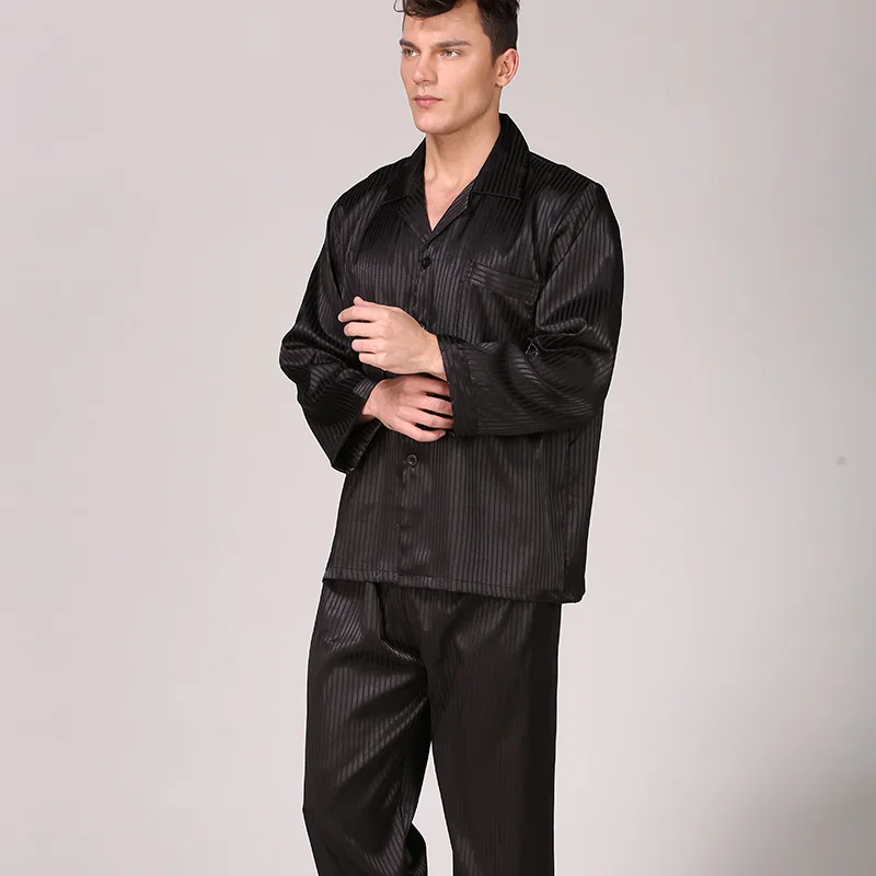 Men's Summer Striped Rayon Sleep Suit Pajama Set Mens Pyjamas Long Sleeve Long Pants Sleeping Nightwear Pijamas Homwear