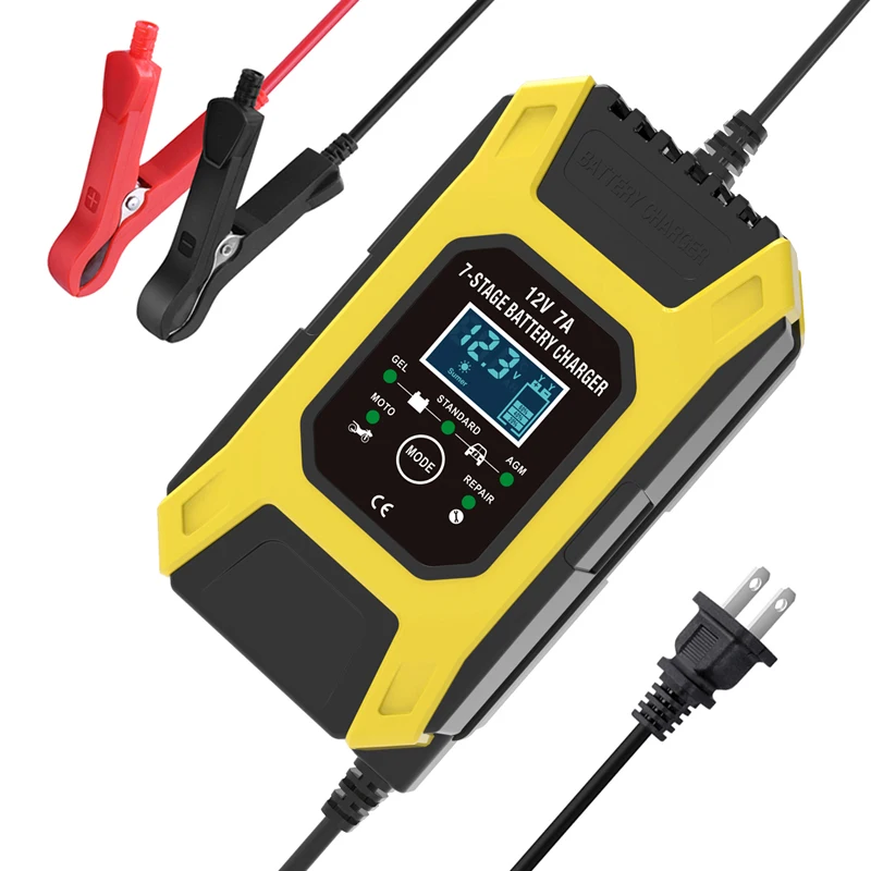 

Foxsur 7A 12 В 7-ступенчатое умное зарядное устройство для аккумуляторов Автомобиль Мотоцикл импульсное Ремонтное зарядное устройство свинцово-Кислотное зарядное устройство цифровой ЖК-дисплей