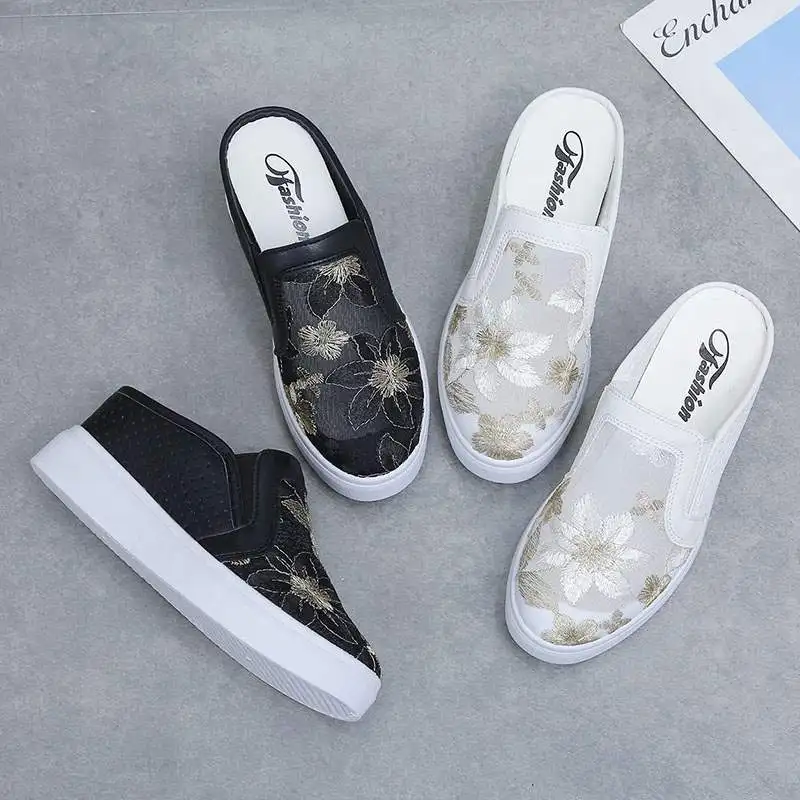 Shoes Slippers Flat Med Slides Cover Toe Women Heels Pantofle Platform High 2024 Scandals Fretwork Rubber Embroider PU Floral