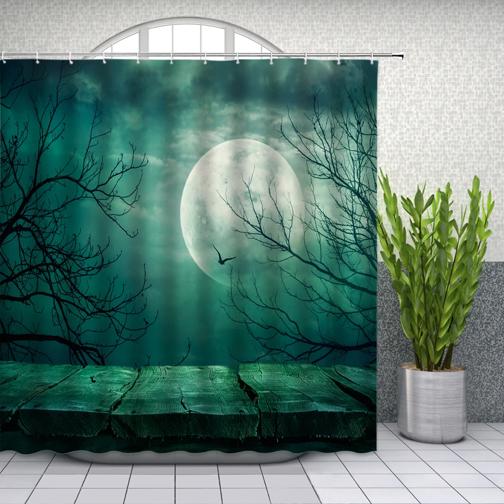 Landscape Shower Curtains Full Moon Night Dark CloudsTree Bird Field Bathroom Decor Waterproof Cloth Curtain Set Cheap