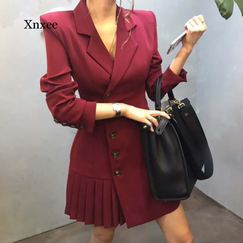 

Spring Autumn Women Solid Mini Dress Pleated Hem Patchwork Blazer Slim Long Sleeve Suit High Waist Button Office Dresses Clothes