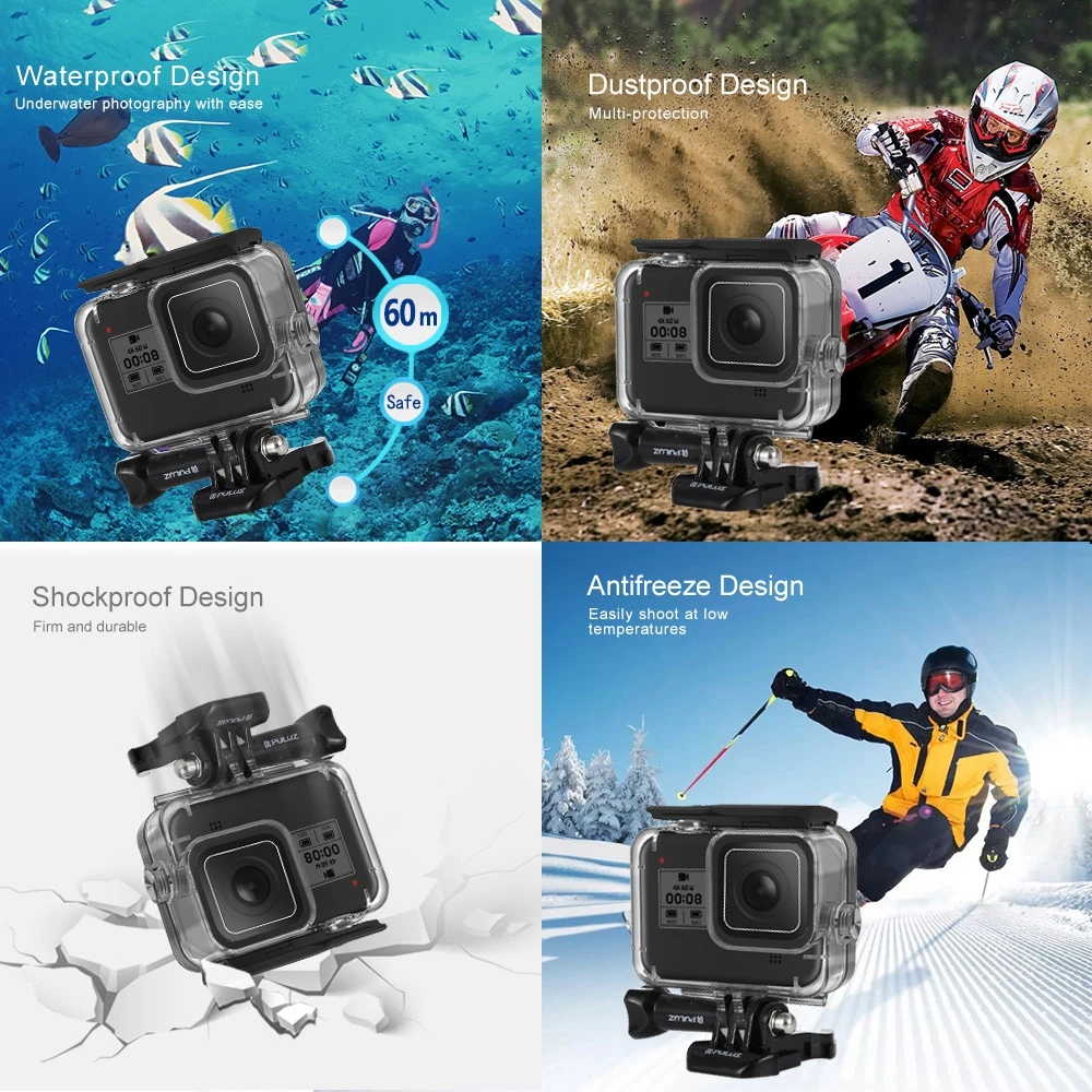 Puluz เคสกันน้ำลึก60ม. สำหรับดำน้ำลึกใต้น้ำปลอกหุ้มสำหรับ GoPro กล้องสีดำ HERO8