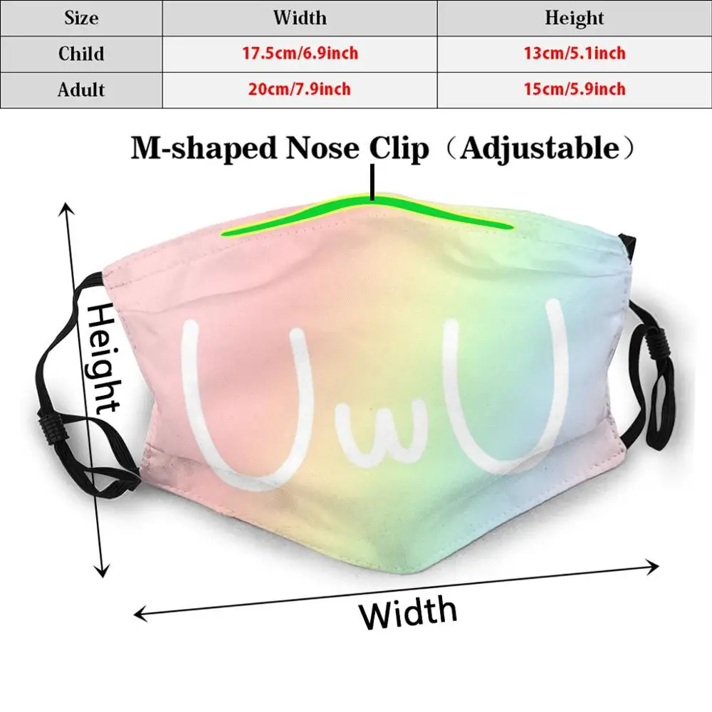 Uwu-mascarilla facial con filtro antipolvo para adultos y niños, máscara con diseño de arcoíris en colores Pastel, Uwu Kawaii, Sugoi, rosa, Pastel, japonés