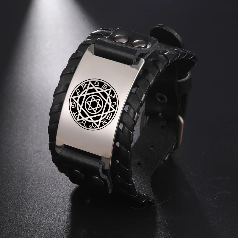 LIKGREAT Zodiac Star of David Men's Wide Leather Wrist Bracelets Magen David Kabbalistic Jewish Talisman Bangles Jewelry Gifts