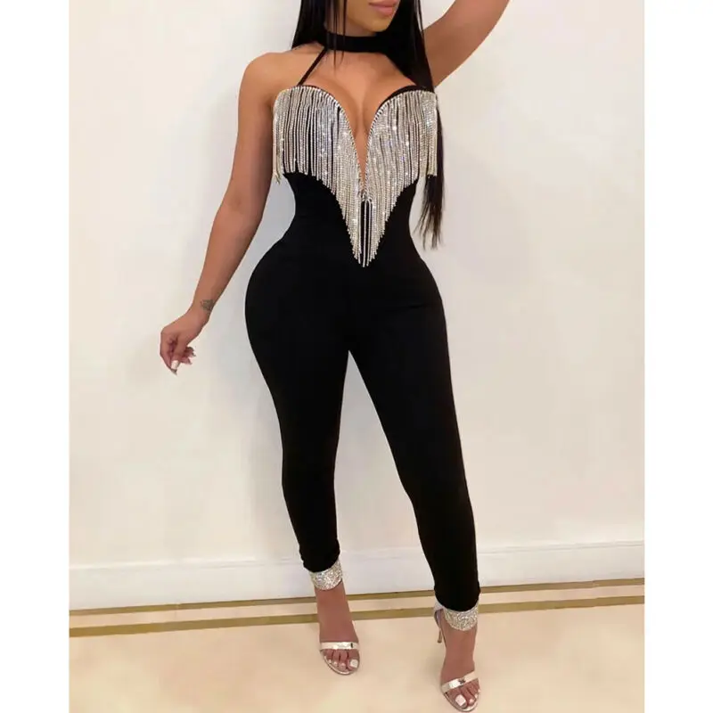 

Vintage Sequin Glitter Women Deep V-Neck Sexy Bodysuit Sleeveless Women Rompers Casual Bodycon Playsuit Club Party wear