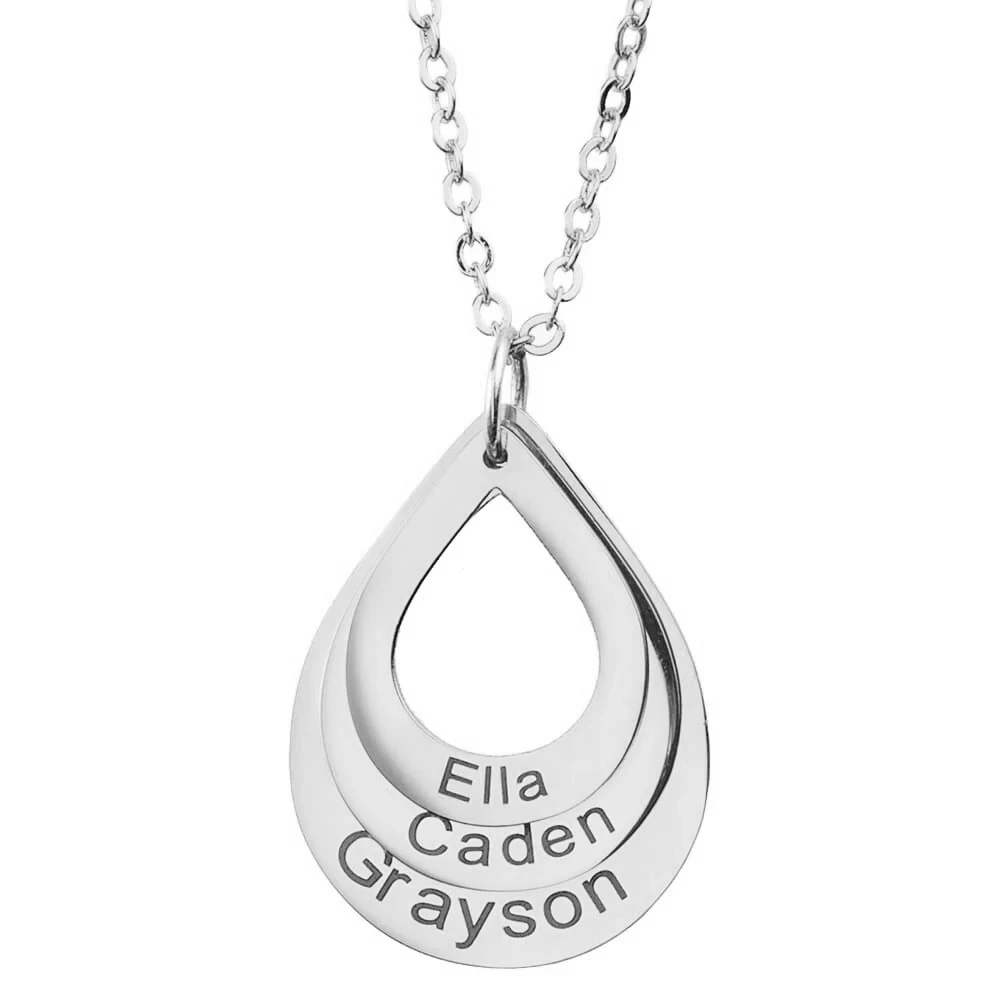 Personalized Water Drop Necklace Stainless Steel Custom Family Names 4 Layered Heart Charms Waterdrop Pendants Gift for Women