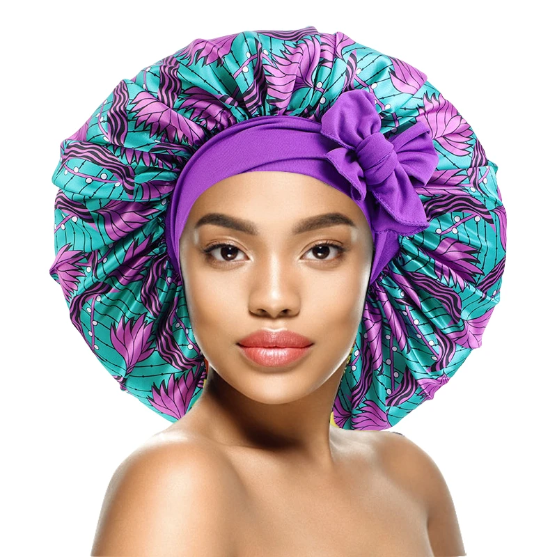 Elastic Band Large Satin Bonnet Sleeping Cap Women African Pattern Ankara Print Hat Adjustable Night Sleep Cap Soft Headcover