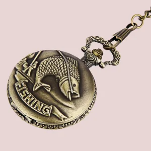 Best Gift Pocket Watch with waist chain Vintage Large Bronze Craved "FISHING" Retro