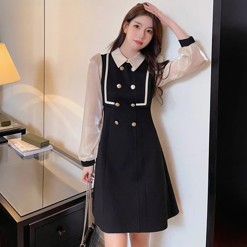 2021 New Autumn Elegant Women's Dress Ladies Double Breasted Long Sleeve College Style Dress Vestidos