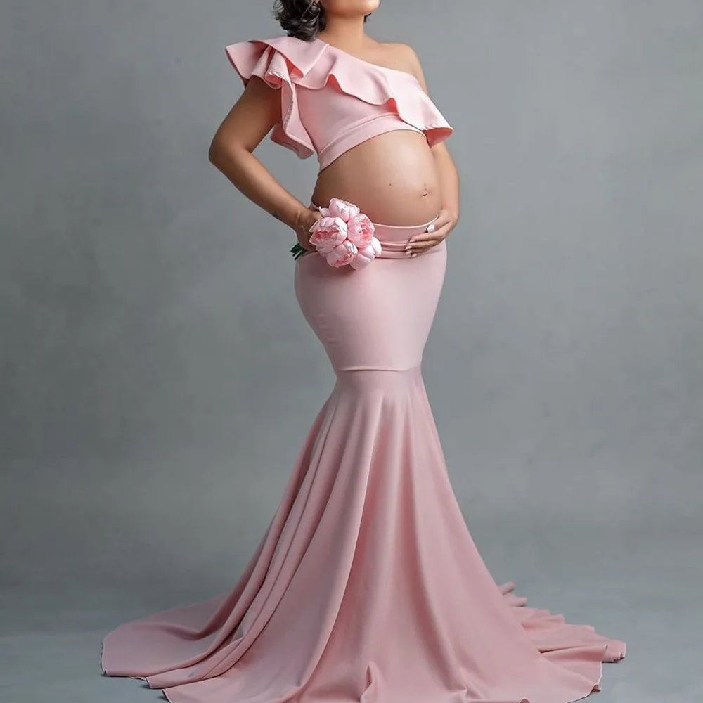 Maternity Mermaid Tail Skirt Two-Piece Suit For Photography Lace Strapless Ruffles Crop Top Pregnancy Photography Props Dress