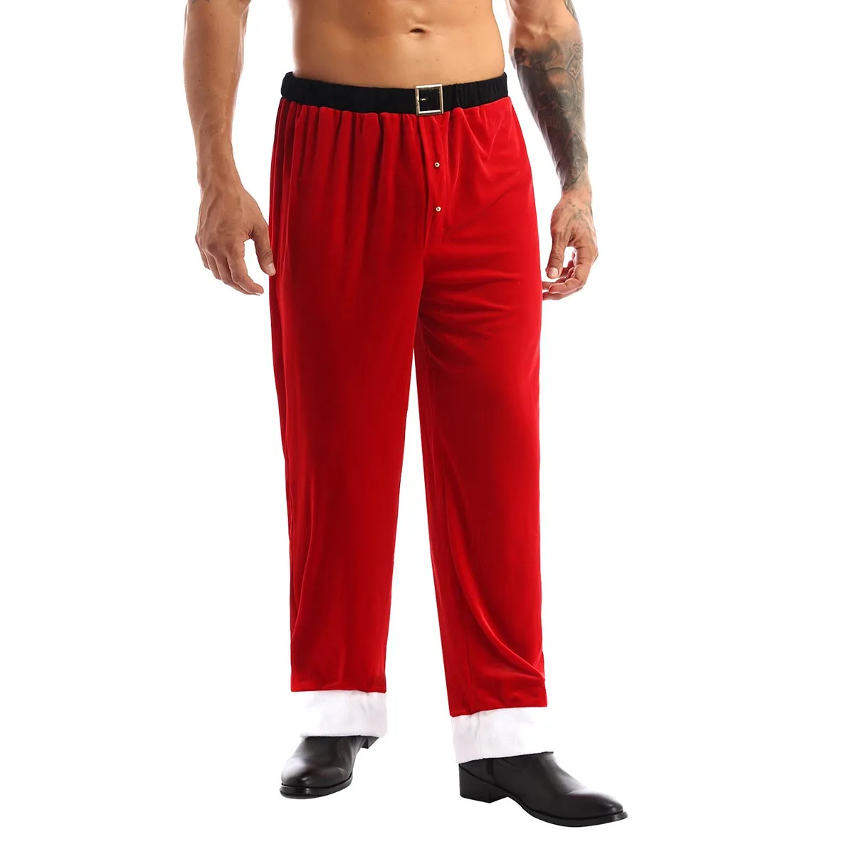 Mens Adult Christmas Santa Claus Costume Red Velvet Long Pants Trousers Xmas Party Holiday Festivals Cosplay Costume