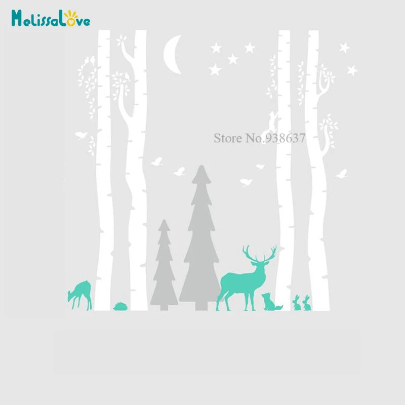 Woodland Birch Tree Animals Forest Baby Room Nursery Decal Deer Kids Custom Wall Sticker Vinyl Removable BB830